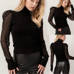 Black Turtleneck Sweater w Sheer Pattern Sleeves XL by Love Tree EUC